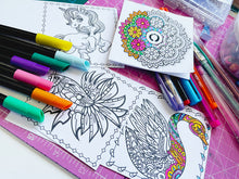 Load image into Gallery viewer, © Lotus and Mandala colouring in Cards with envelopes for Peace Calm Meditation and Relaxation Colour in your own mini cards (pack of 3) 4"x4"