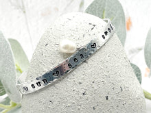Load image into Gallery viewer, BREATHE Sun, Sea, Sand, Hand Stamped and hammered, Cuff Bracelet with a Freshwater Pearl (6)
