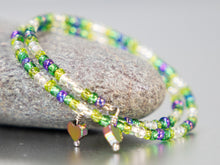 Load image into Gallery viewer, Pretty Spring Greens Memory Wire Bracelet with Rainbow Hematite Heart Charms