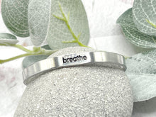 Load image into Gallery viewer, Breathe Hand Stamped 6mm Wide Cuff Bracelet, Aluminium Adjustable Bracelet, Gift for Wife Husband Boyfriend Girlfriend or friend