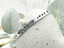 Load image into Gallery viewer, BREATHE Sun, Sea, Sand, Hand Stamped and hammered, Cuff Bracelet with a Freshwater Pearl (6)