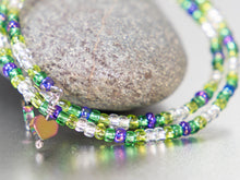 Load image into Gallery viewer, Pretty Spring Greens Memory Wire Bracelet with Rainbow Hematite Heart Charms