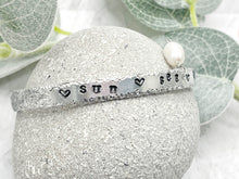 Load image into Gallery viewer, BREATHE Sun, Sea, Sand, Hand Stamped and texture hammered, Cuff Bracelet with a Freshwater Pearl