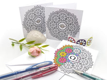 Load image into Gallery viewer, © Lotus and Mandala colouring in Cards with envelopes for Peace Calm Meditation and Relaxation Colour in your own mini cards (pack of 3) 4"x4"