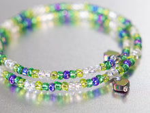 Load image into Gallery viewer, Pretty Spring Greens Memory Wire Bracelet with Rainbow Hematite Heart Charms