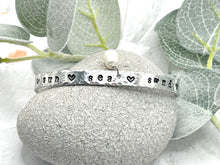 Load image into Gallery viewer, Hand Stamped 6mm Wide Cuff Bracelet, Aluminium Adjustable Bracelet, Custom Stamped Bracelet, Gift for Wife Husband Boyfriend Girlfriend
Sun Sea Sand with pearl