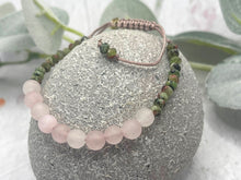 Load image into Gallery viewer, Rose Quartz and Red Green Jasper 10 Breaths Breathe Bracelet, calming, grounding and stylish, mindful jewellery, adjustable pink cord.