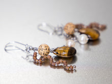 Load image into Gallery viewer, . Tigers Eye, Pearl, Lotus Flower Seed Bead and Frosted glass Bead Earrings