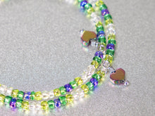 Load image into Gallery viewer, Pretty Spring Greens Memory Wire Bracelet with Rainbow Hematite Heart Charms