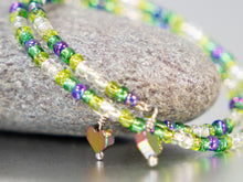 Load image into Gallery viewer, Pretty Spring Greens Memory Wire Bracelet with Rainbow Hematite Heart Charms