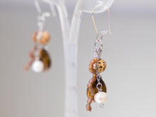 Load image into Gallery viewer, . Tigers Eye, Pearl, Lotus Flower Seed Bead and Frosted glass Bead Earrings