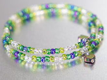 Load image into Gallery viewer, Pretty Spring Greens Memory Wire Bracelet with Rainbow Hematite Heart Charms