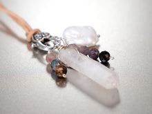 Load image into Gallery viewer, . Quartz Crystal Charm Necklace with a Tourmaline Crystals and large square natural pearl, birthday gift, gift for her