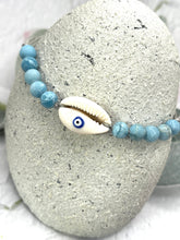 Load image into Gallery viewer, Hand painted evil eye cowrie shell with Larimar semi precious stones