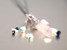 Load image into Gallery viewer, . Quartz Crystal Charm Necklace with Mother Of Pearl Moon and Stars, featuring little pearls on a double cotton cord with extender chain