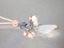 Load image into Gallery viewer, . Quartz Crystal Charm Necklace with a cluster of Pink, peach and white pearls, birthday gift, gift for her
