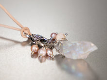 Load image into Gallery viewer, . Quartz Crystal Charm Necklace with a cluster of Pink, peach and white pearls, birthday gift, gift for her