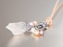 Load image into Gallery viewer, . Quartz Crystal Charm Necklace with a cluster of Pink, peach and white pearls, birthday gift, gift for her