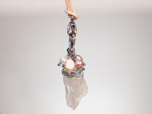 Load image into Gallery viewer, . Quartz Crystal Charm Necklace with a cluster of Pink, peach and white pearls, birthday gift, gift for her