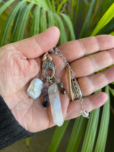 Load image into Gallery viewer, . Quartz Crystal Charm Necklace with a Tourmaline Crystals and large square natural pearl, birthday gift, gift for her