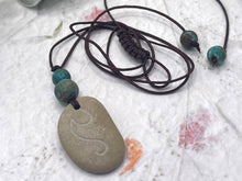 Load image into Gallery viewer, Hand Engraved Beach Pebble Necklace – Ethically Sourced Coastal Jewellery with Natural Beach Stones and Pearl for a Boho Summer Look