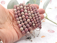 Load image into Gallery viewer, Frosted Pink and Red Rainflower stone bead 10 breaths bracelet for anxiety calming and stress relief, care gift with lotus flower charm
