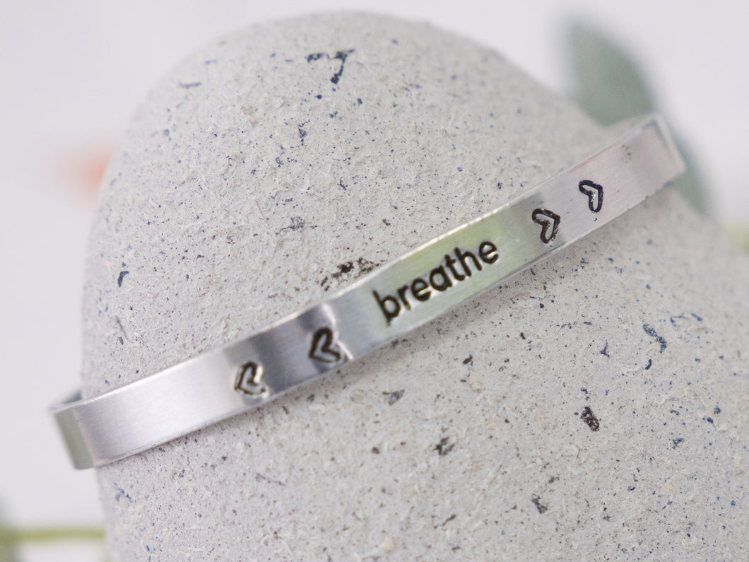 Breathe Bracelet - Imperfectly Perfect, Hand Stamped, Aluminium Cuff Bracelet - Adjustable Band