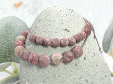 Load image into Gallery viewer, Frosted Pink and Red Rainflower stone bead 10 breaths bracelet for anxiety calming and stress relief, care gift with lotus flower charm
