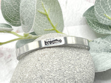 Breathe Hand Stamped 6mm Wide Cuff Bracelet, Aluminium Adjustable Bracelet, Gift for Wife Husband Boyfriend Girlfriend or friend