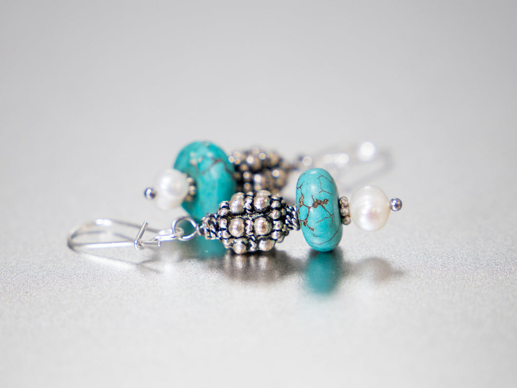 .  Turquoise, Pearl and Antique Silver Earrings