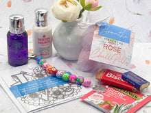 Load image into Gallery viewer, Mother&#39;s Day Care Gift, Floral Bead, Bag or Key Charm Gift pack with Heart Charm,  with Colouring in card, bath fizzes and other curated goodies
