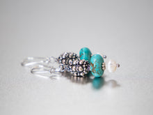 Load image into Gallery viewer, .  Turquoise, Pearl and Antique Silver Earrings

