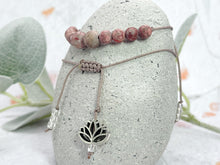 Load image into Gallery viewer, Frosted Pink and Red Rainflower stone bead 10 breaths bracelet for anxiety calming and stress relief, care gift with lotus flower charm

