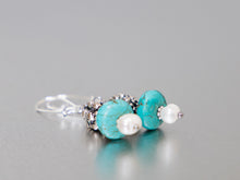 Load image into Gallery viewer, .  Turquoise, Pearl and Antique Silver Earrings
