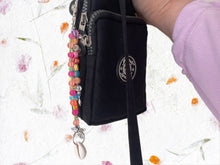 Load image into Gallery viewer, Handbag or key charm accessory with cowrie shell and heart charms and floral summer beachy festival beads, unique gift for her, just breathe
