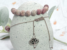 Load image into Gallery viewer, Frosted Pink and Red Rainflower stone bead 10 breaths bracelet for anxiety calming and stress relief, care gift with lotus flower charm
