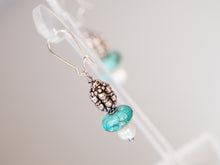 Load image into Gallery viewer, .  Turquoise, Pearl and Antique Silver Earrings
