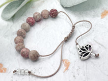 Load image into Gallery viewer, Frosted Pink and Red Rainflower stone bead 10 breaths bracelet for anxiety calming and stress relief, care gift with lotus flower charm
