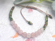 Load image into Gallery viewer, Rose Quartz and Red Green Jasper 10 Breaths Breathe Bracelet, calming, grounding and stylish, mindful jewellery, adjustable pink cord.
