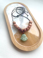 Load image into Gallery viewer, 10 Breaths Necklace with Jade Buddha Charm and Decorative Wood Beads
