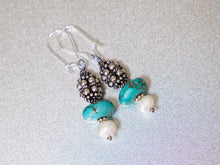 Load image into Gallery viewer, .  Turquoise, Pearl and Antique Silver Earrings

