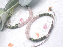 Load image into Gallery viewer, Rose Quartz and Red Green Jasper 10 Breaths Breathe Bracelet, calming, grounding and stylish, mindful jewellery, adjustable pink cord.
