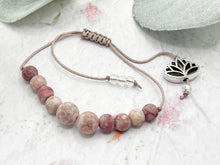Load image into Gallery viewer, Frosted Pink and Red Rainflower stone bead 10 breaths bracelet for anxiety calming and stress relief, care gift with lotus flower charm
