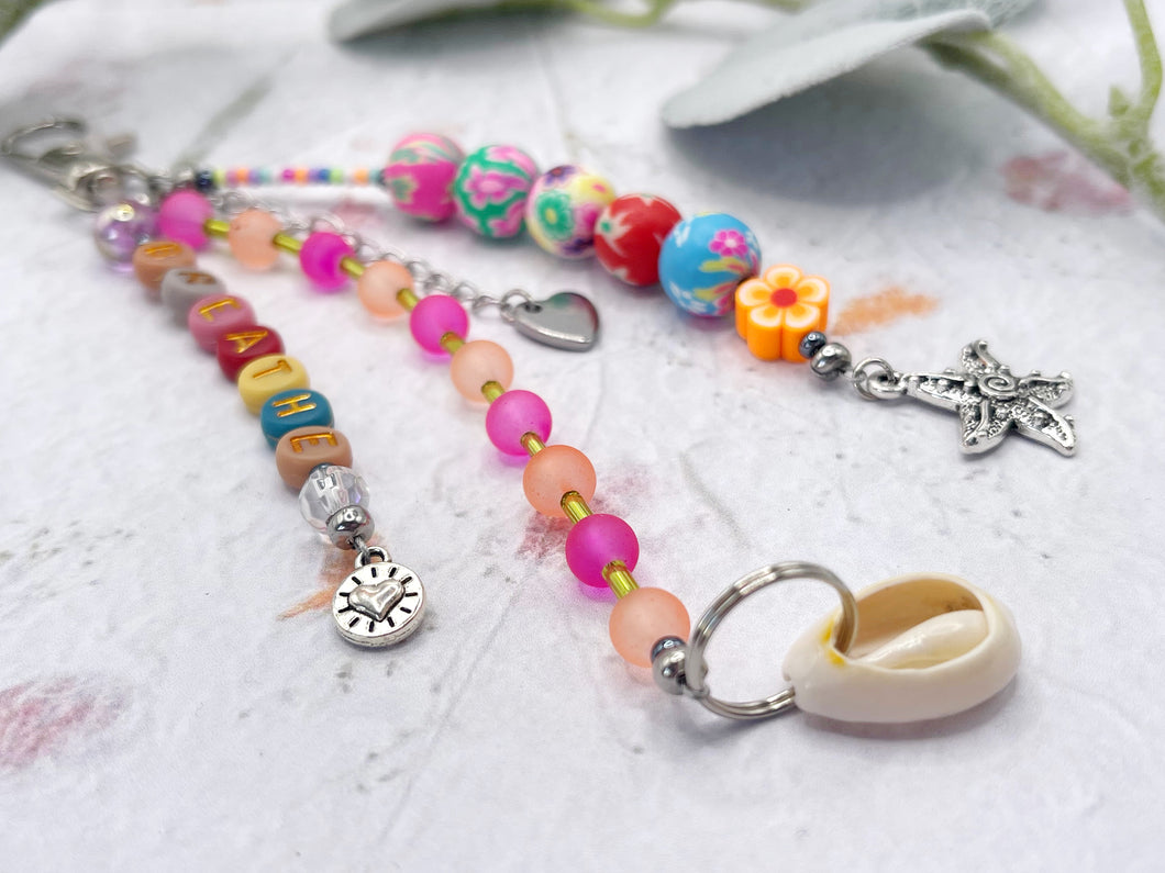 Handbag or key charm accessory with cowrie shell and heart charms and floral summer beachy festival beads, unique gift for her, just breathe