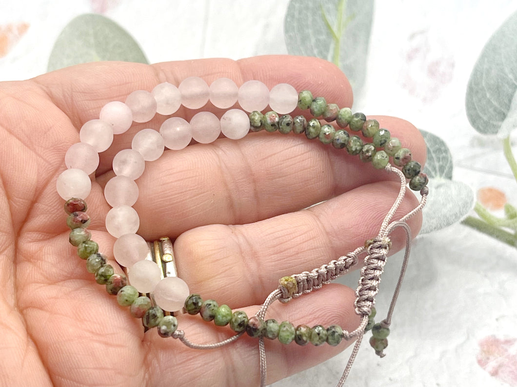 Rose Quartz and Red Green Jasper 10 Breaths Breathe Bracelet, calming, grounding and stylish, mindful jewellery, adjustable pink cord.