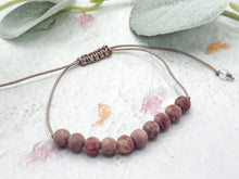 Load image into Gallery viewer, Frosted Pink and Red Rainflower stone bead 10 breaths bracelet for anxiety calming and stress relief, care gift with lotus flower charm
