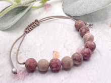 Load image into Gallery viewer, Frosted Pink and Red Rainflower stone bead 10 breaths bracelet for anxiety calming and stress relief, care gift with lotus flower charm
