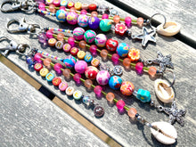 Load image into Gallery viewer, Handbag or key charm accessory with cowrie shell and heart charms and floral summer beachy festival beads, unique gift for her, just breathe
