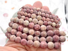 Load image into Gallery viewer, Frosted Pink and Red Rainflower stone bead 10 breaths bracelet for anxiety calming and stress relief, care gift with lotus flower charm
