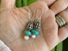 Load image into Gallery viewer, .  Turquoise, Pearl and Antique Silver Earrings
